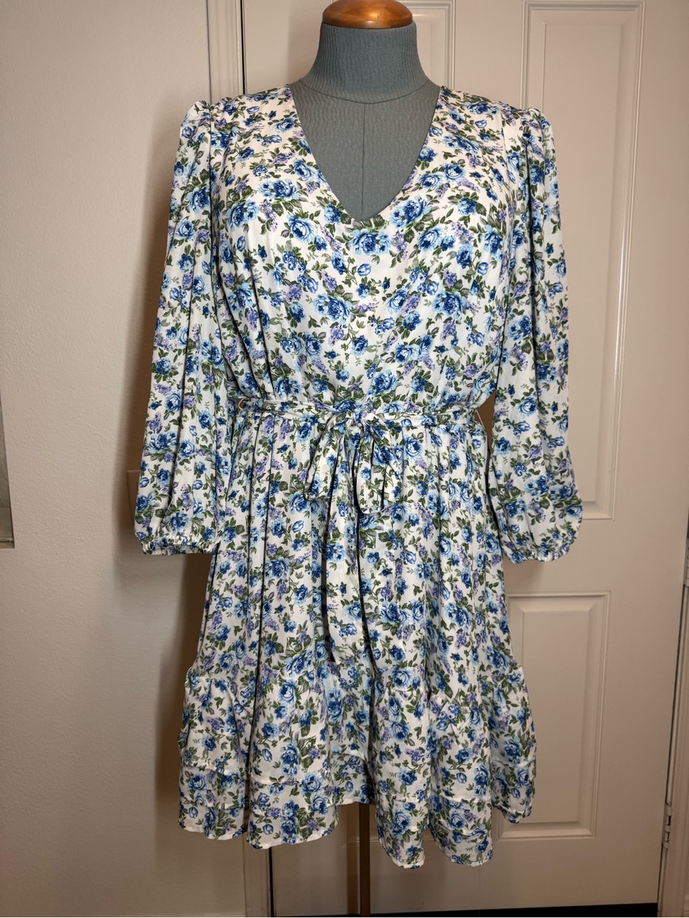 Dress Plus Size 2X White Blue Purple Green Floral V-Neck Tie Waist A Love Story